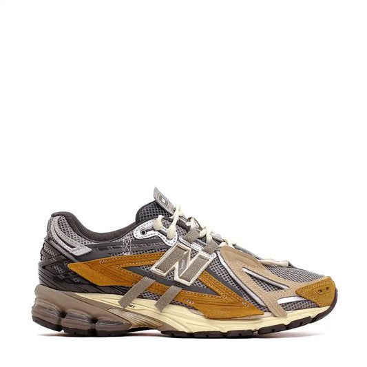 Athletic running shoe with brown, silver, and gray color panels in a sporty design.