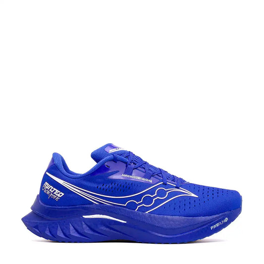 Bright blue Saucony running shoe with white accents and wave-like design elements.