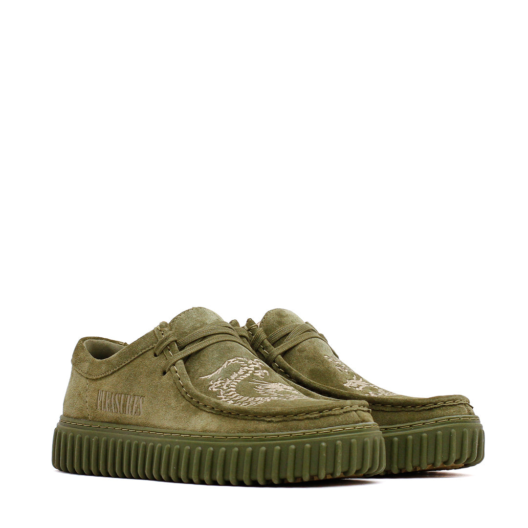 Clarks x PLEASURES Men Torhill DRGN Lo Olive Suede 26179913 - FOOTWEAR - Canada