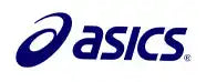 Navy blue ASICS logo with an oval swoosh design element.