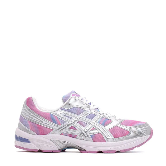 Pink and white athletic running shoe with silver accents and mesh detailing.