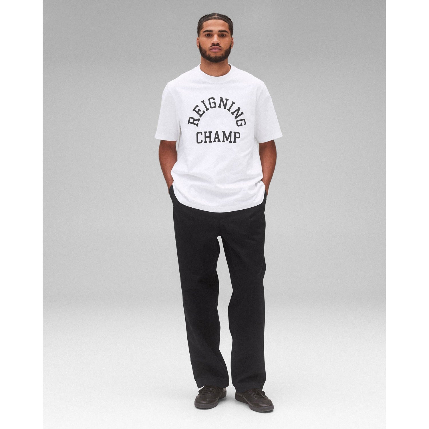 Reigning Champ Men Knit Midweight Jersey Arch Logo T-Shirt White - T-SHIRTS - Canada