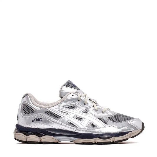 Silver and grey ASICS running shoe with navy blue accents and mesh detailing.