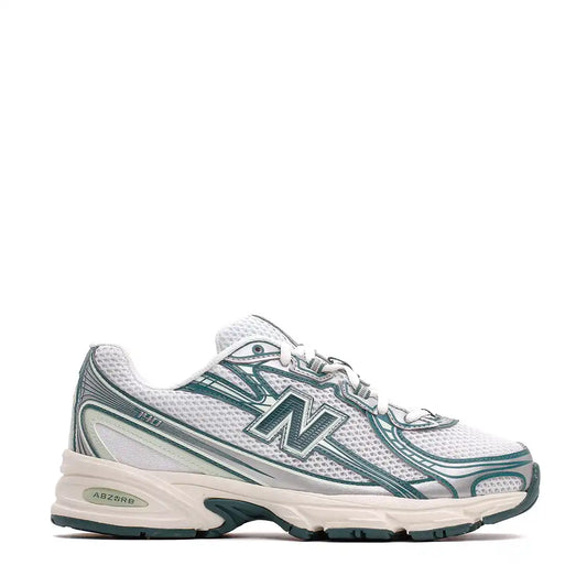 White and teal New Balance running shoe with mesh and synthetic overlays.